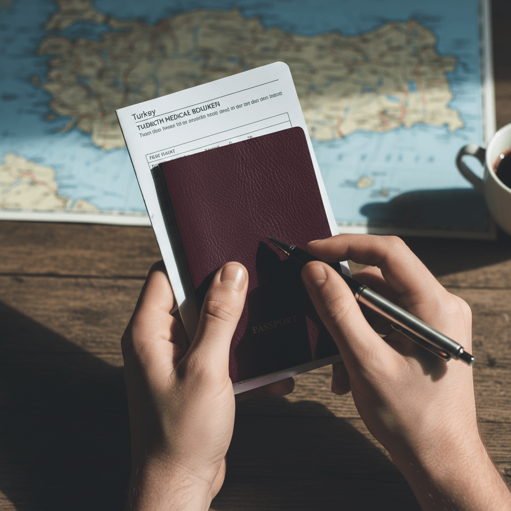 Préparation des documents administratifs pour un voyage médical en Turquie avec passeport et carnet de santé