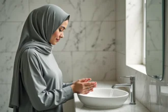 Jeune femme musulmane faisant ses ablutions dans une salle de bain