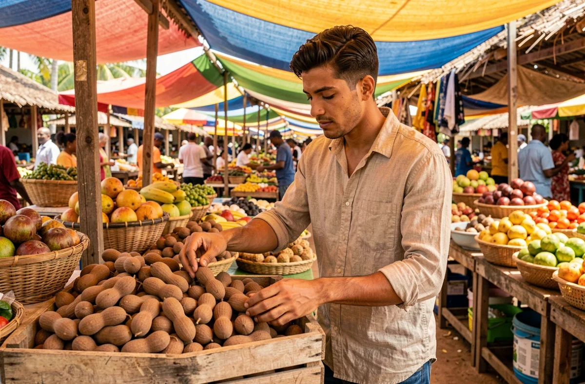 Jeune homme choisissant des gousses de tamarin fraîches sur un étal de marché tropical en plein air