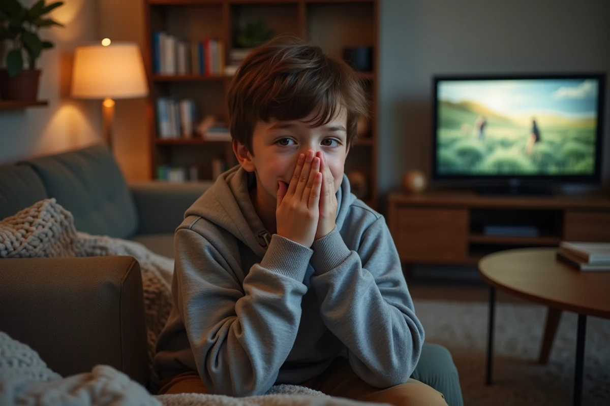 Adolescent en hoodie toussant dans le salon en soirée