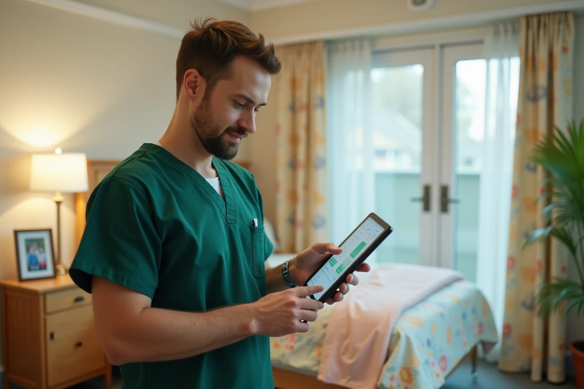 Aide-soignant en EHPAD consultant un dossier de soins numérique sur tablette dans la chambre d'un résident