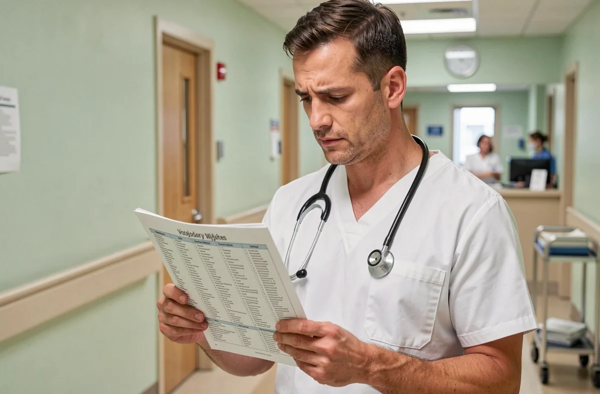 Aide soignant en milieu hospitalier consultant une fiche de vocabulaire médical imprimée pour se préparer au diplôme d'état