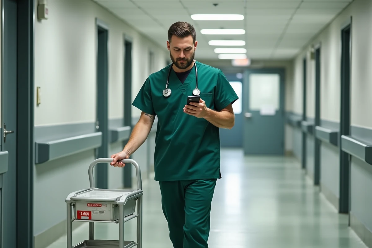 Aide-soignant consultant son smartphone pendant sa tournée dans un couloir d'établissement de soins pour accéder aux données résidents