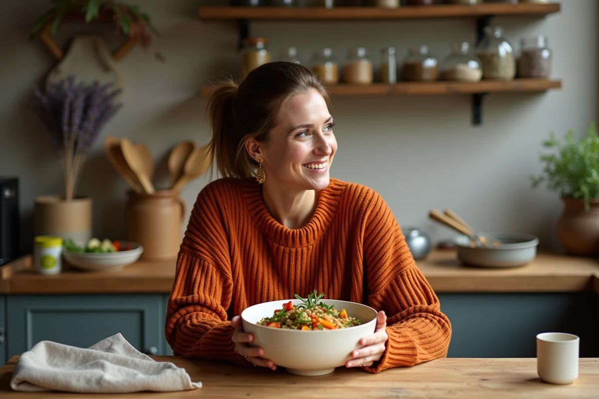 Femme savourant un repas anti-inflammatoire pour réduire le cortisol au quotidien dans une cuisine chaleureuse