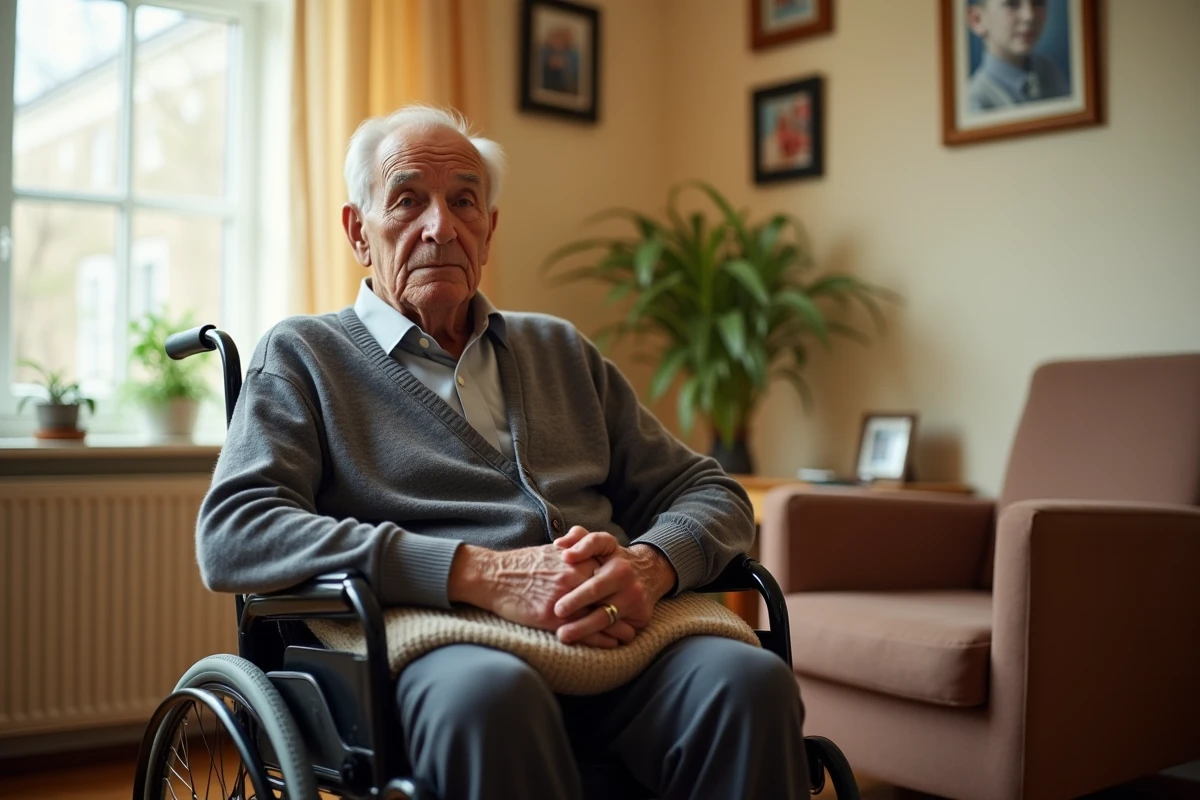 Homme âgé atteint d'Alzheimer en stade avancé assis près d'une fenêtre dans une maison de retraite, regard absent et expression sereine