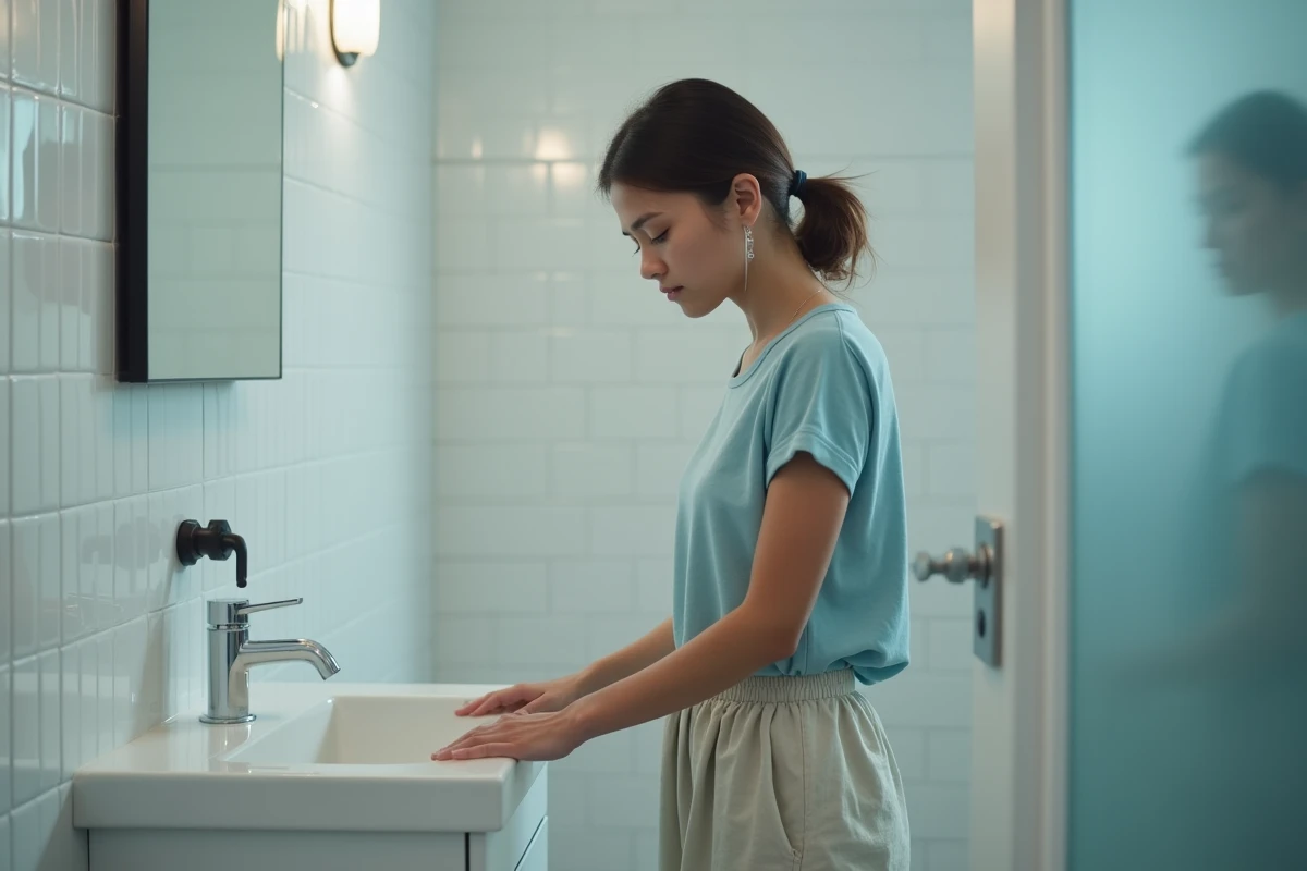 Femme debout dans une salle de bain, tête baissée et mains sur le lavabo, représentant le stress somatique et la tension physique liée à l'anxiété