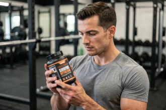 Athlète masculin évaluant un complément alimentaire Raptor Nutrition en salle de sport