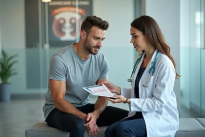 Athlète en consultation avec médecin dans une clinique sportive