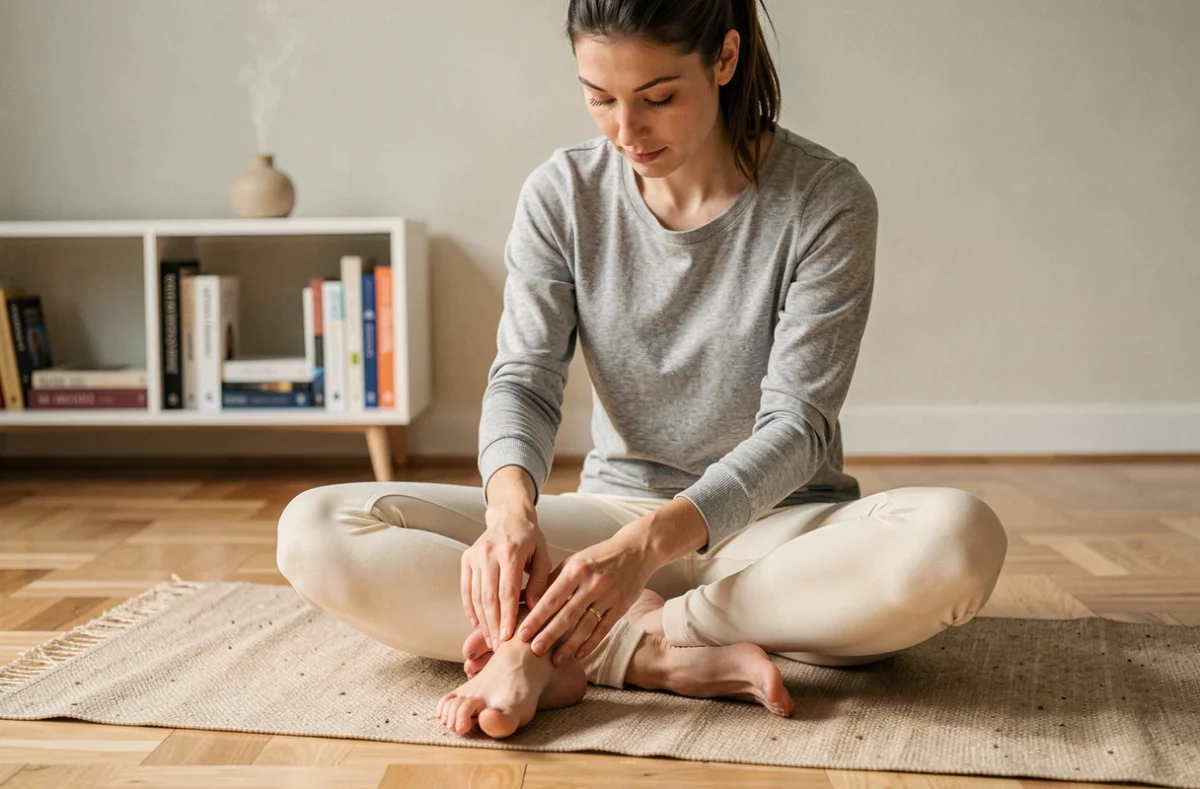 Femme pratiquant l'auto-réflexologie sur les zones des orteils en position assise sur un tapis de yoga