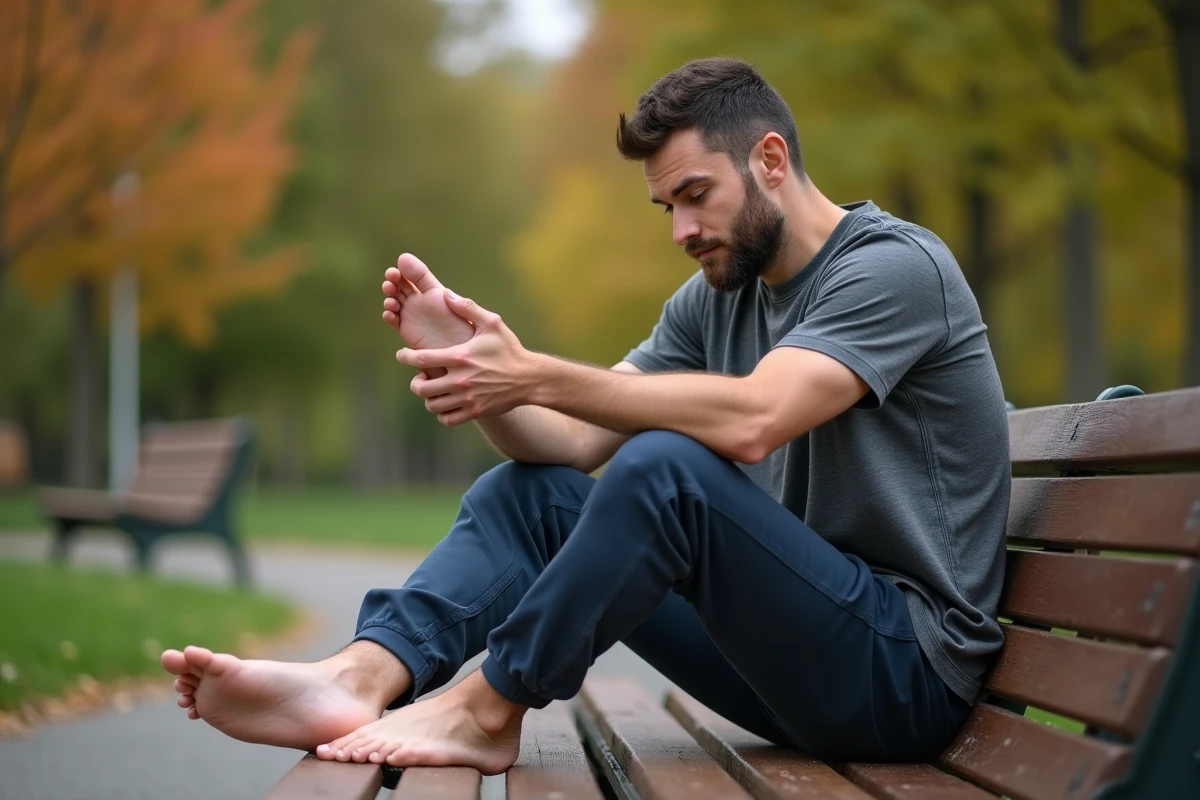 Homme pratiquant un automassage réflexologique du pied en plein air sur un banc de parc pour stimuler son énergie