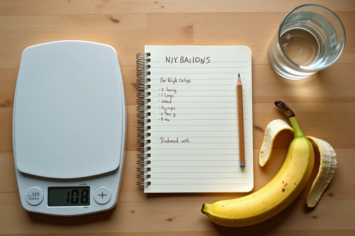 Vue aérienne d'une banane sur balance de cuisine avec carnet de suivi calorique pour régime amincissant