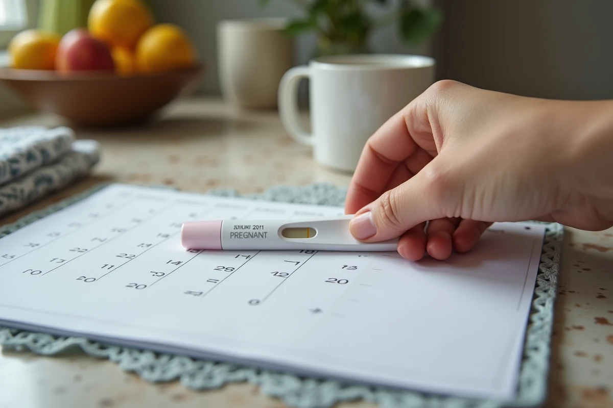 Main posant près d un test de grossesse négatif sur un calendrier