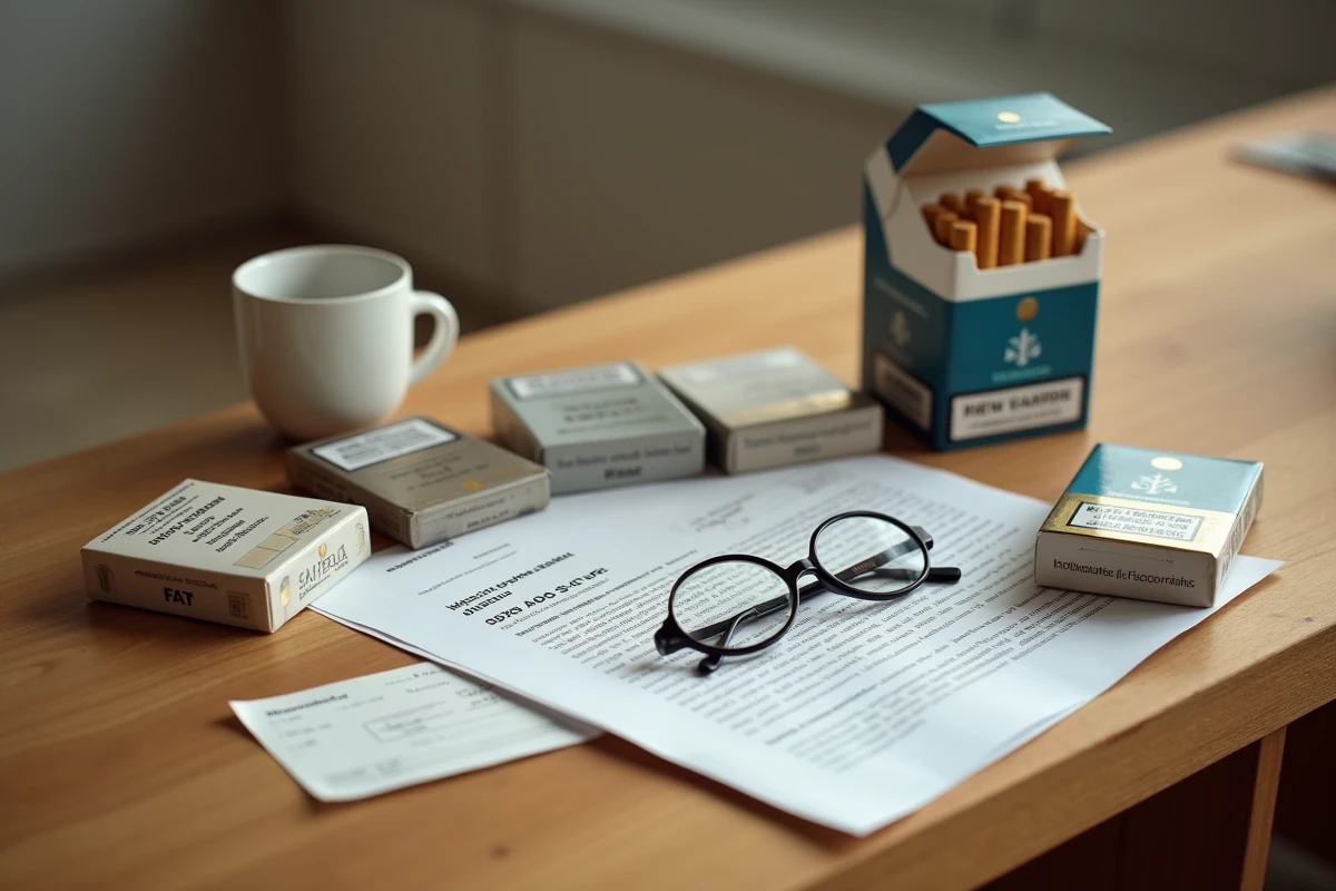 Cartouches de cigarettes et document de réglementation douanière luxembourgeoise posés sur une table en bois