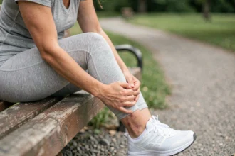Femme tenant sa cheville gonflée après un choc en plein air, légère ecchymose visible sur la peau