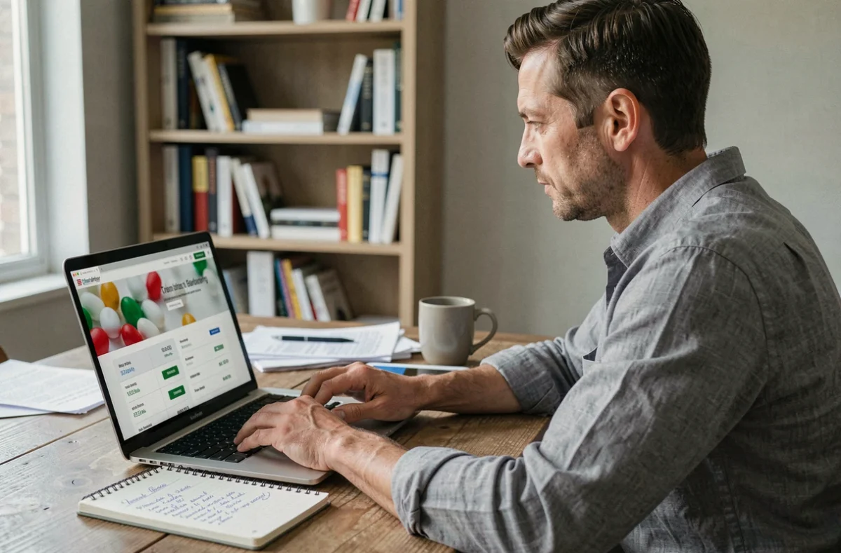 Homme comparant les prix de médicaments GLP-1 sur internet depuis son domicile