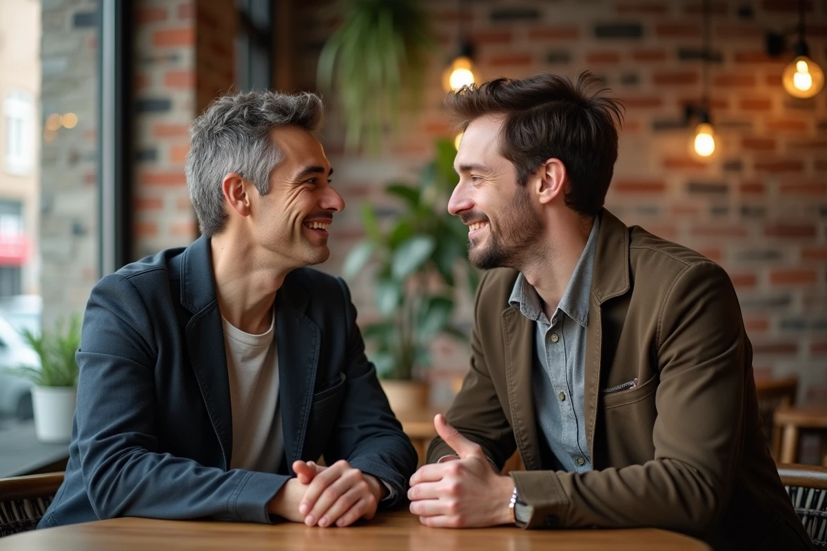 Deux adultes de tailles différentes discutant dans un café urbain, illustrant la comparaison de taille entre nanisme et taille moyenne