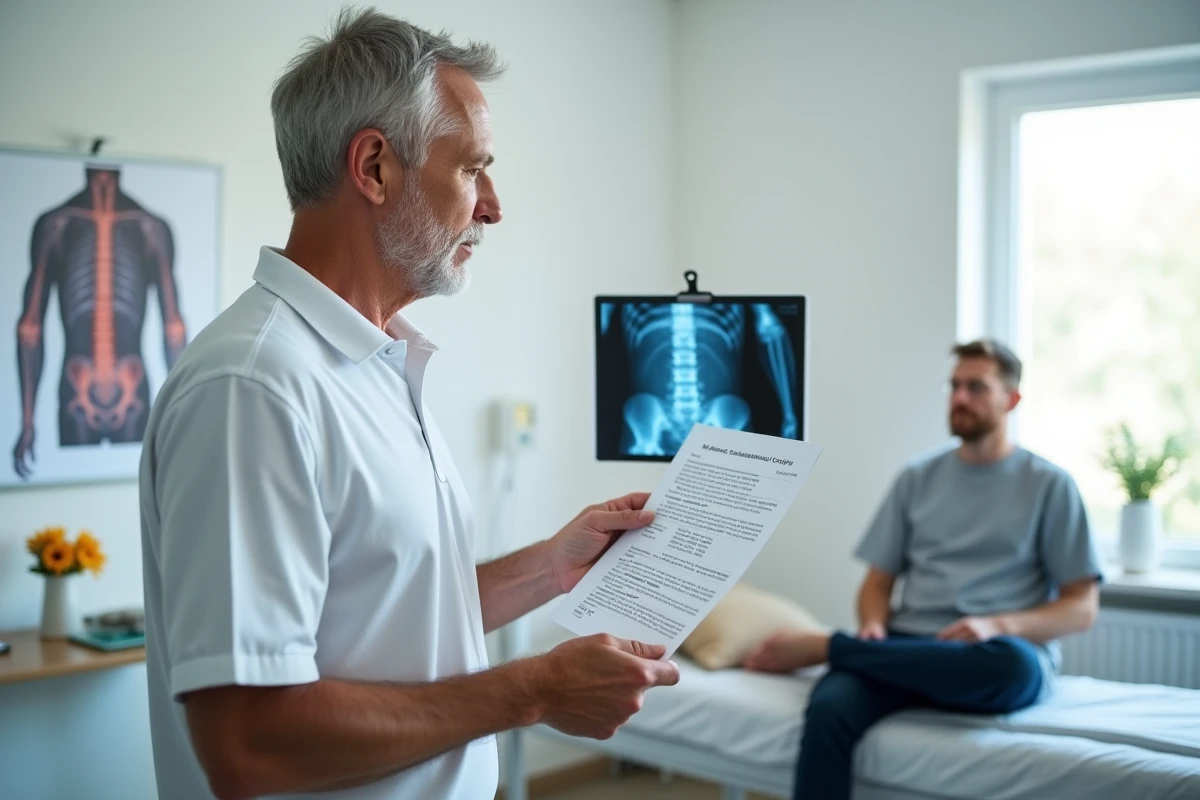 Médecin du travail analysant une radio vertébrale avec un patient lors d'une consultation pour maladie professionnelle