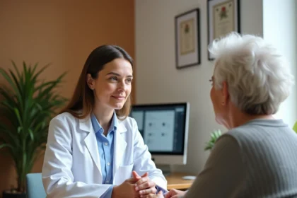 Médecin généraliste en consultation avec une patiente senior dans une maison médicale à Montbrison