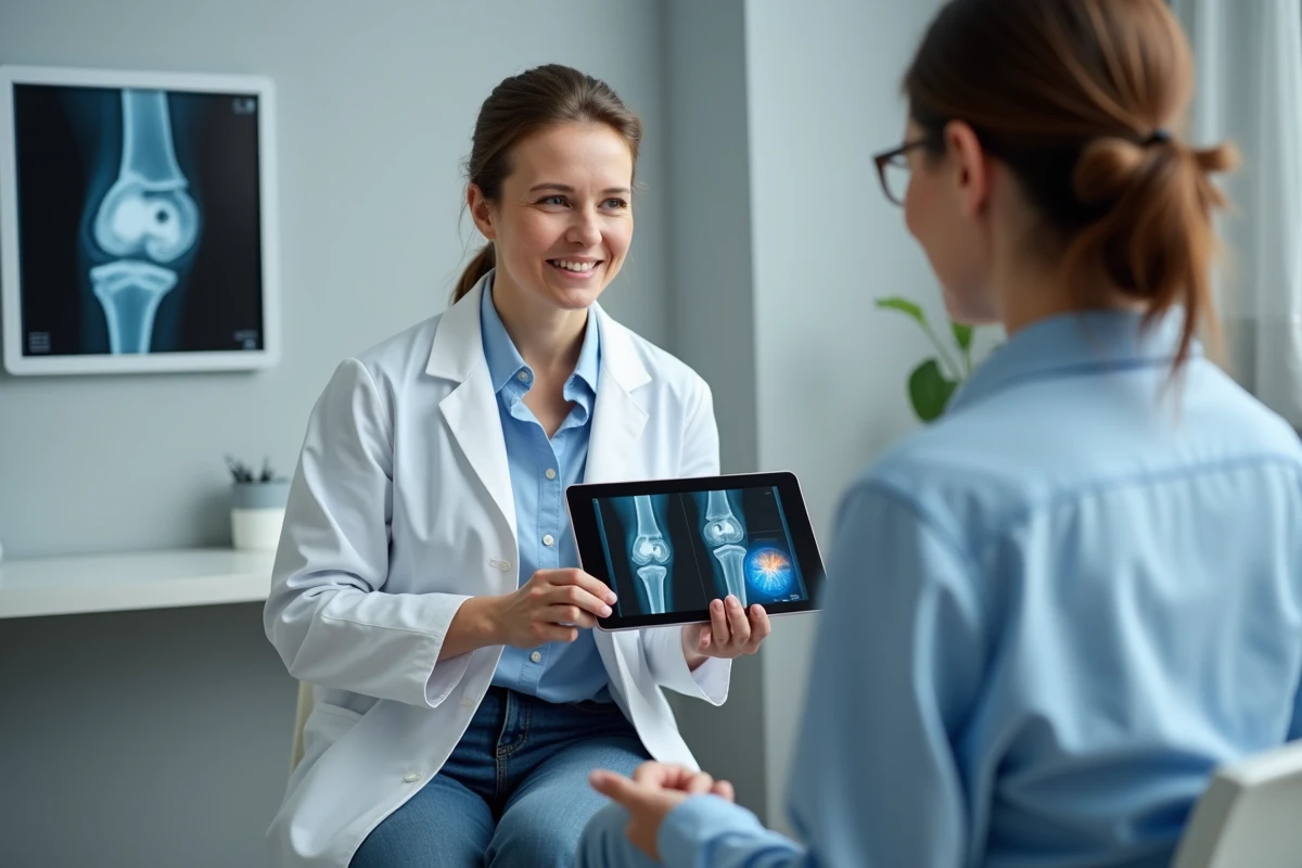 Médecin expliquant le diagnostic d'algoneurodystrophie du genou à une patiente lors d'une consultation médicale