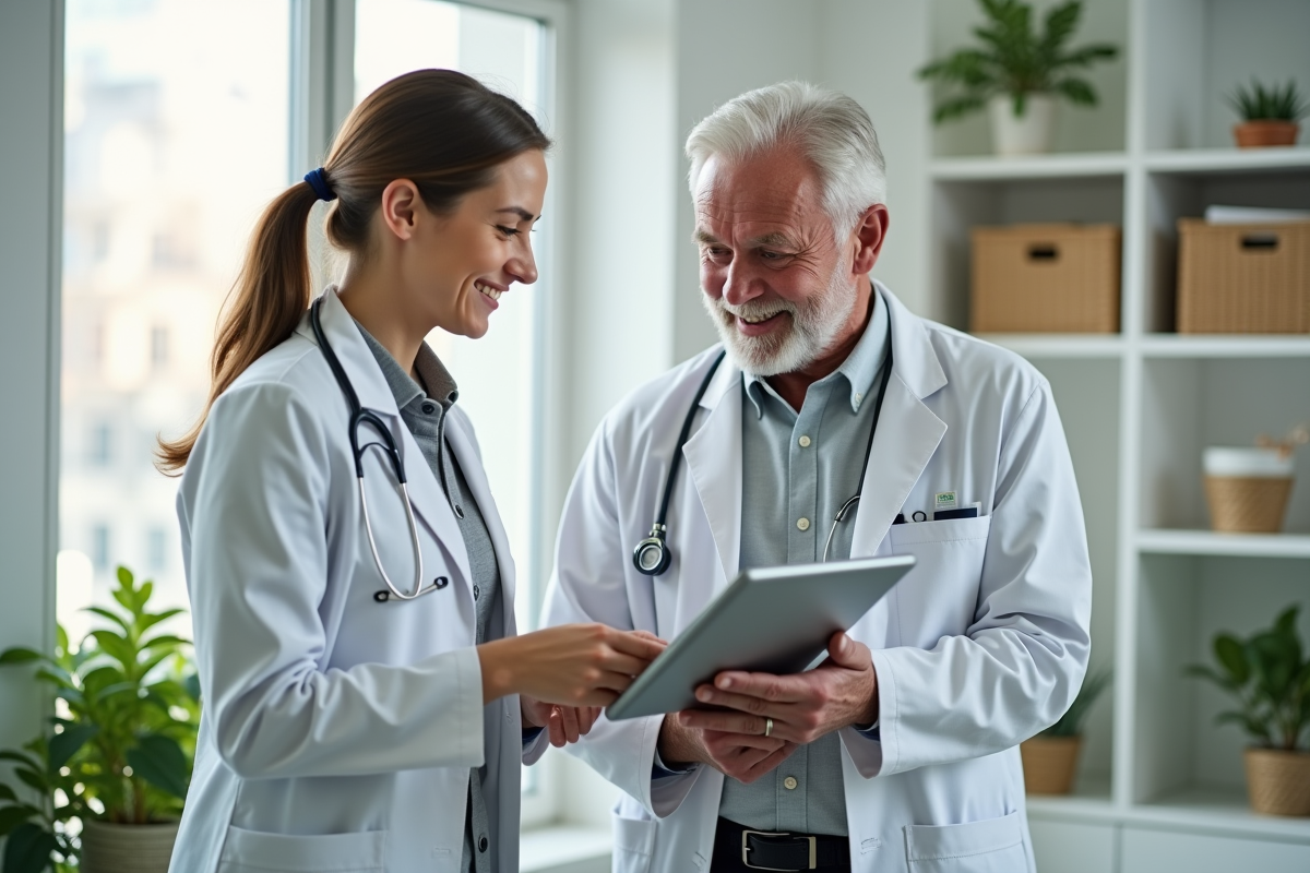 Femme physiotherapeute discutant avec un patient avec une tablette