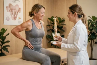 Femme consultant une physiothérapeute pour un déplacement du sacrum dans une clinique moderne avec modèle anatomique de la colonne vertébrale