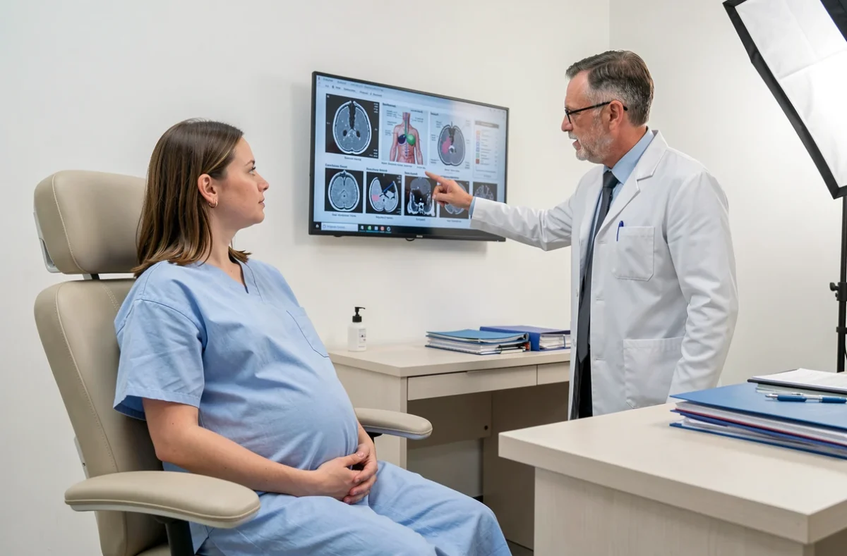 Femme enceinte en consultation de radiologie écoutant les explications d'un médecin sur l'imagerie médicale pendant la grossesse