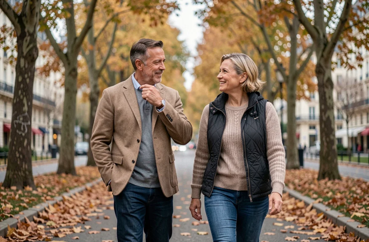 Couple d'adultes d'âge moyen en promenade vérifiant leur pouls, prévention cardiovasculaire et surveillance de la tension artérielle selon l'âge