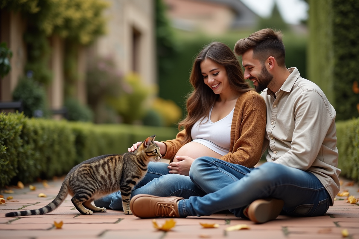 Couple enceinte caressant un chat dans un jardin français
