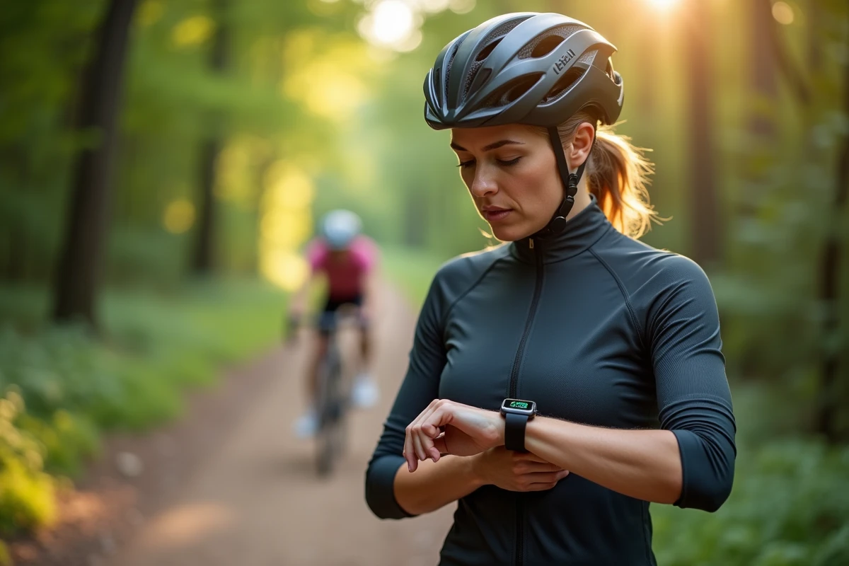 Cycliste vérifiant ses données sur sa smartwatch en forêt