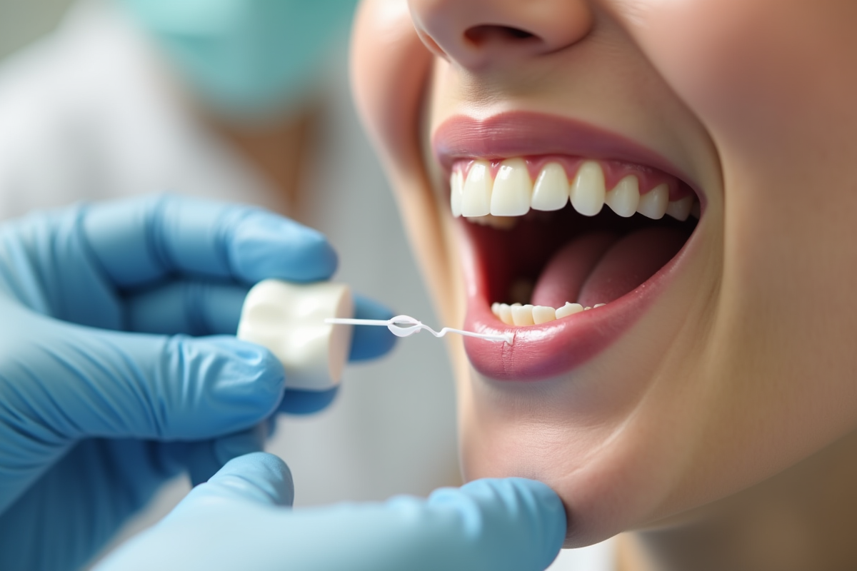 Dentiste tenant un guide de teinte à côté des dents naturelles