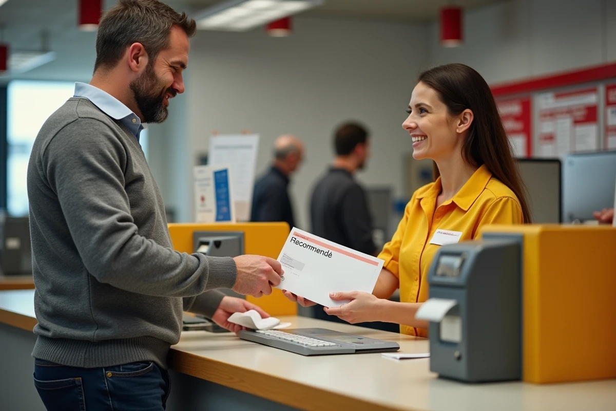 Homme déposant un courrier recommandé destiné à la CPAM de Lyon à un guichet de La Poste