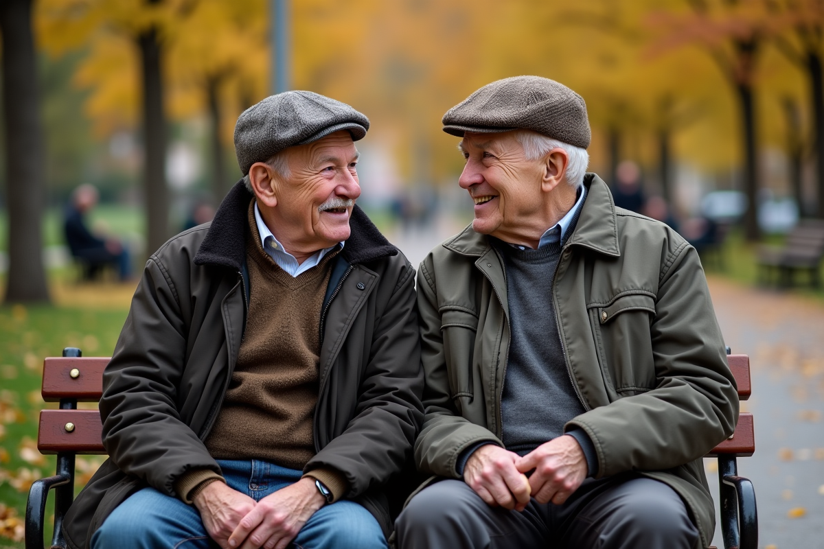 Deux hommes âgés discutant sur un banc en automne