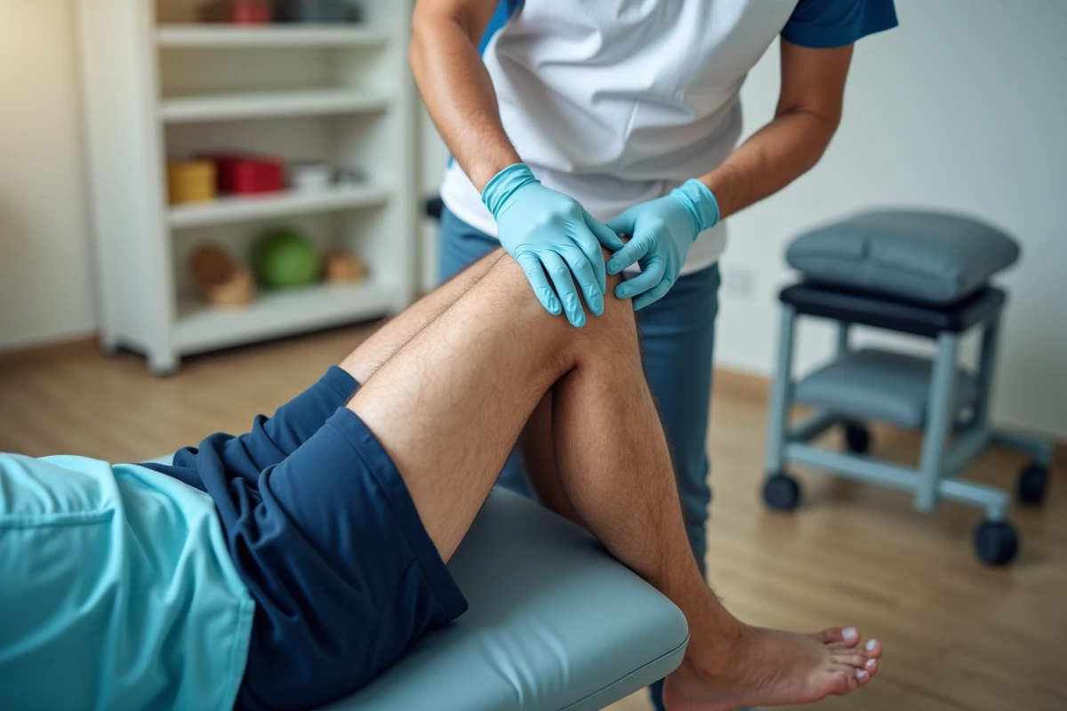 Kinésithérapeute réalisant une palpation diagnostic sur le genou d'un patient pour évaluer une tendinopathie de la patte d'oie