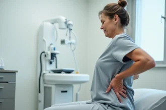 Femme d'âge moyen ressentant une douleur lombaire après une infiltration, assise sur une table d'examen médical