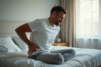 Homme assis au bord du lit le matin tenant son bas du dos droit, douleur dorsale au réveil