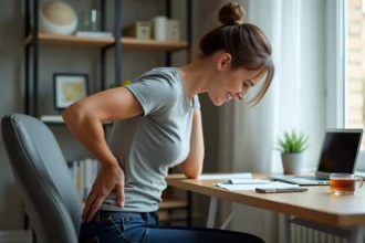 Femme souffrant de douleur dans le dos à gauche assise à son bureau avec une mauvaise posture