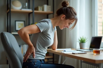 Femme souffrant de douleur dans le dos à gauche assise à son bureau avec une mauvaise posture