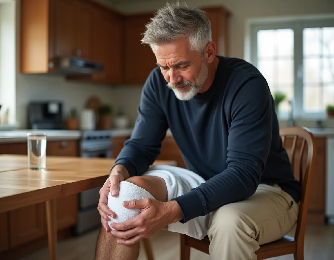 Homme appliquant une poche de glace sur son genou à domicile pour soulager la douleur post-infiltration