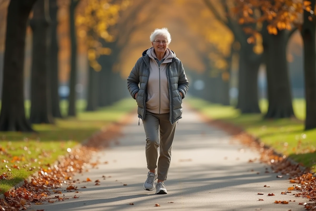 Femme d'une soixantaine d'années marchant avec difficulté dans un parc en raison d'une douleur au genou liée à une tendinopathie de la patte d'oie