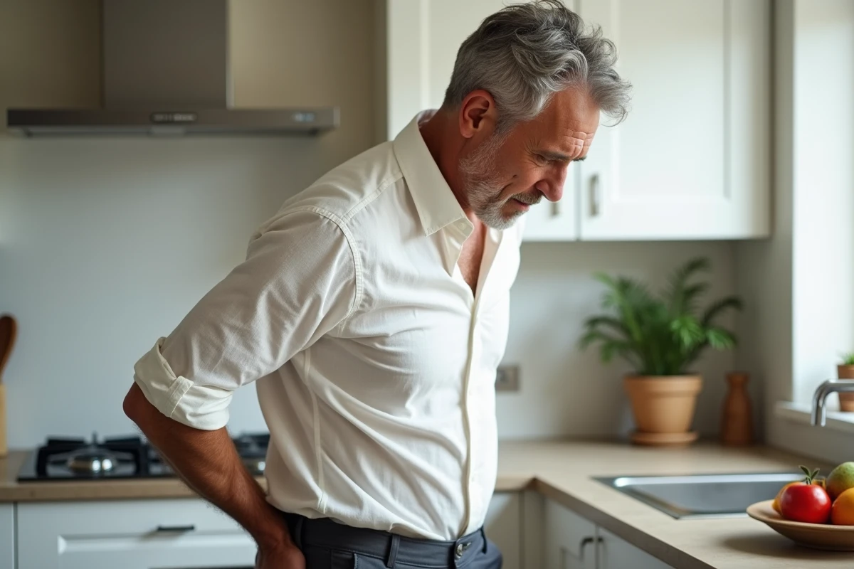 Homme adulte ressentant une douleur lombaire gauche debout dans sa cuisine au quotidien