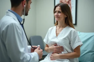 Femme consultant un médecin pour une douleur sous les côtes à droite lors d'un examen clinique
