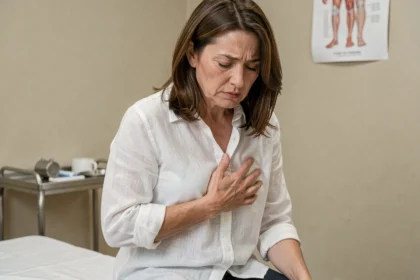 Femme tenant sa main sous les côtes droites en consultation médicale, signe possible d'un trouble hépatique