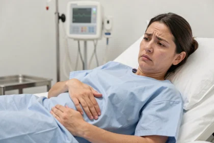 Femme allongée sur un lit d'hôpital tenant son ventre côté droit, exprimant une douleur abdominale aiguë aux urgences