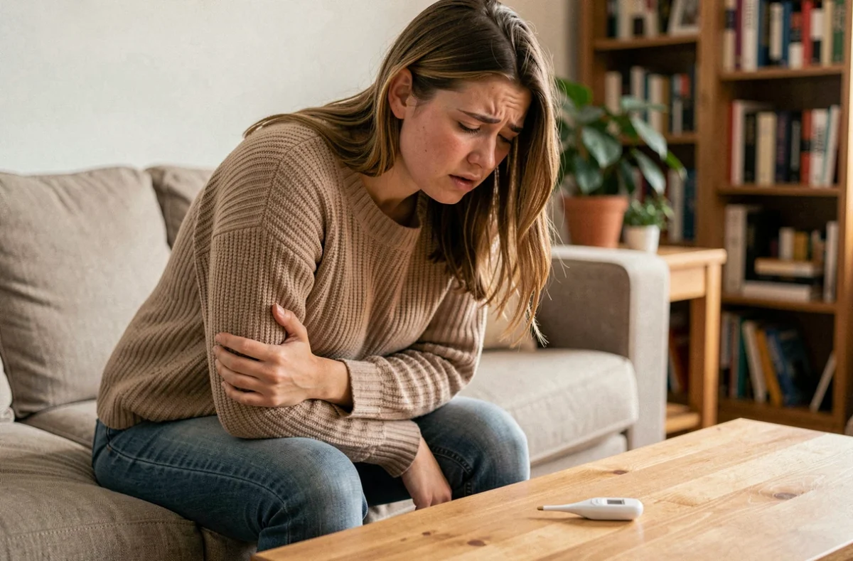 Jeune femme souffrant de douleurs au ventre côté droit avec un thermomètre sur la table, symptômes de fièvre à domicile