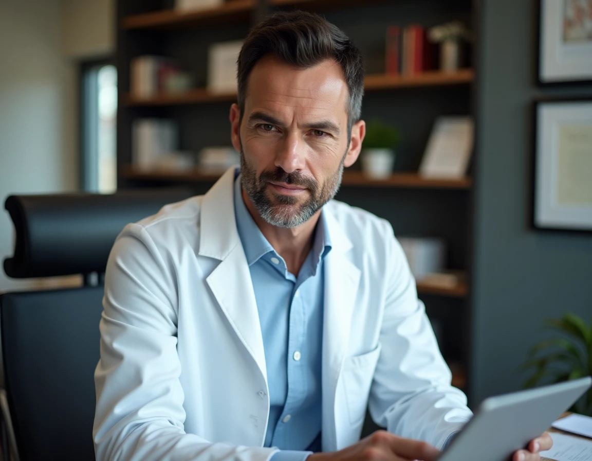 Dr Christophe Stricker-Krongrad, chirurgien esthétique référencé, dans son cabinet de consultation à Nancy