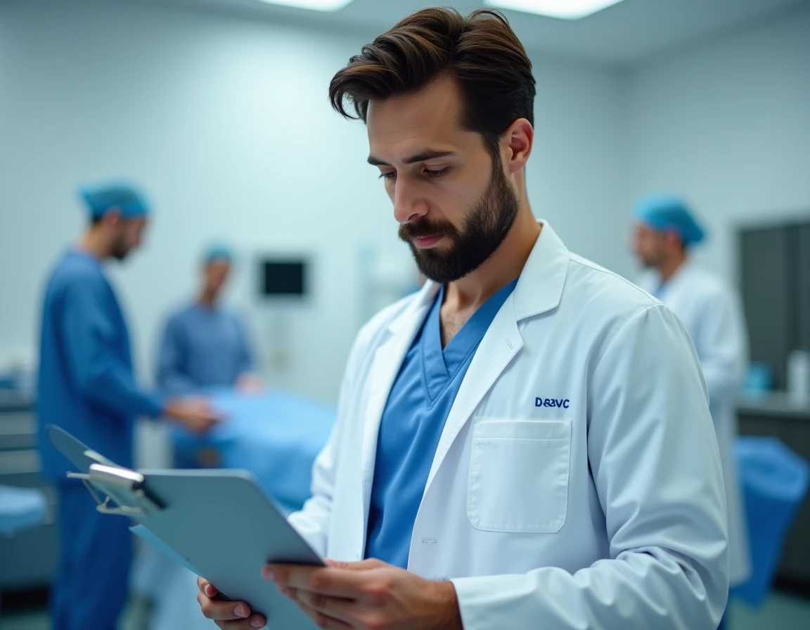 Dr Etienne Simon, chirurgien plasticien à Nancy, consultant un dossier médical en préparation opératoire