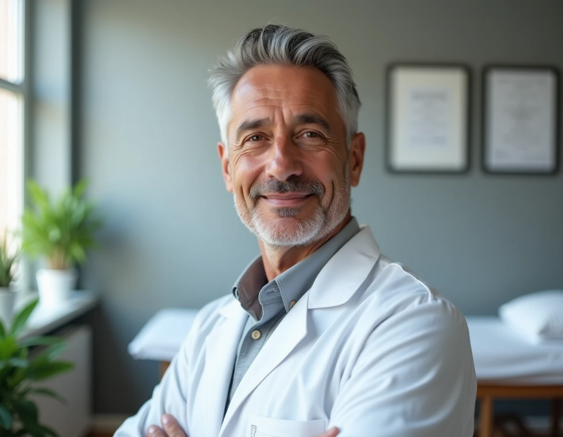 Dr Jean-Pascal Fyad, chirurgien plasticien à Nancy, en tenue professionnelle dans sa salle de consultation