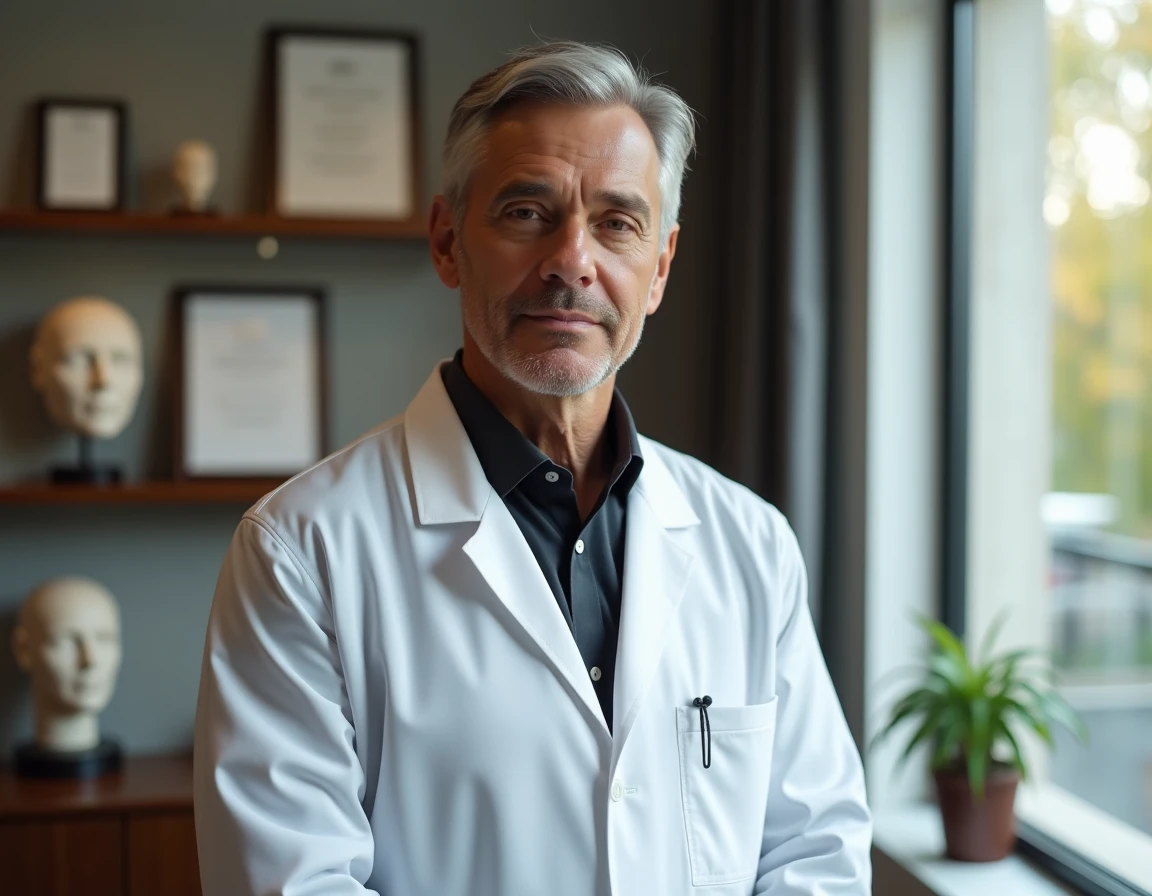 Dr Michel Virte, chirurgien esthétique installé à Nancy, debout dans sa salle de consultation professionnelle