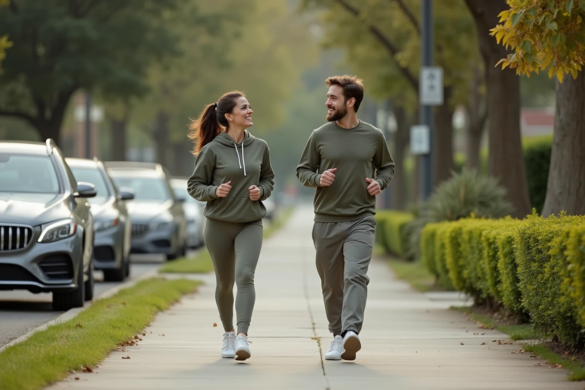 Duo de marcheurs rapides en tenue de sport décontractée sur un trottoir de quartier résidentiel, représentant l'effort quotidien des 10000 pas