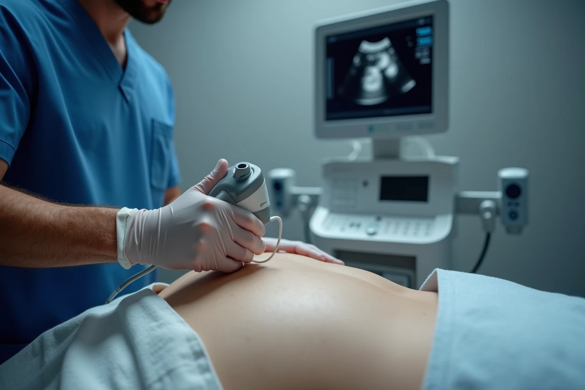Radiologue réalisant une échographie abdominale pour diagnostiquer une douleur à droite sous les côtes